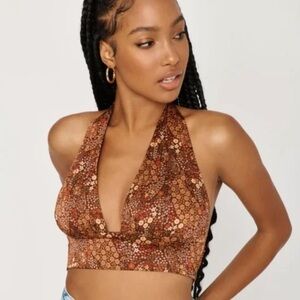 Satin Tie Plunge‎ Halter Top Size Large Brown Floral Bohemian Garage Crop L NWT